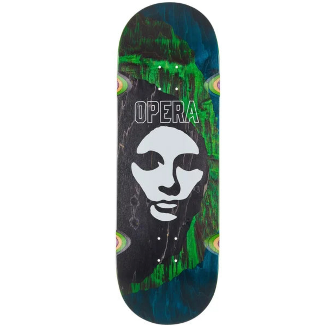 Skateboard deck with a face design and 'Opera' branding on a black and green background.