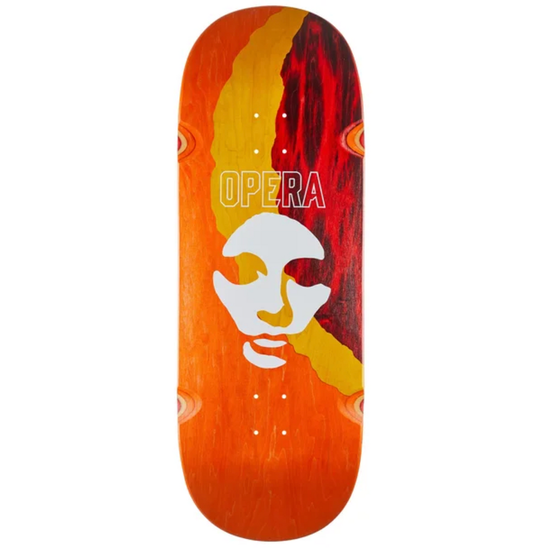 Skateboard deck with abstract design and 'Opera' branding on a white background