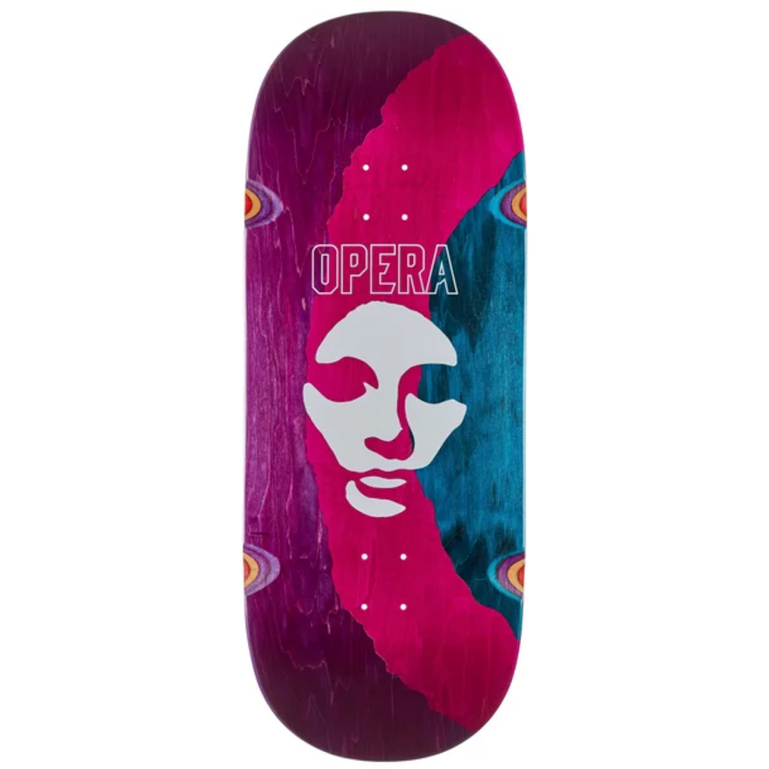 Skateboard deck with a colorful design and 'Opera' branding on a white background