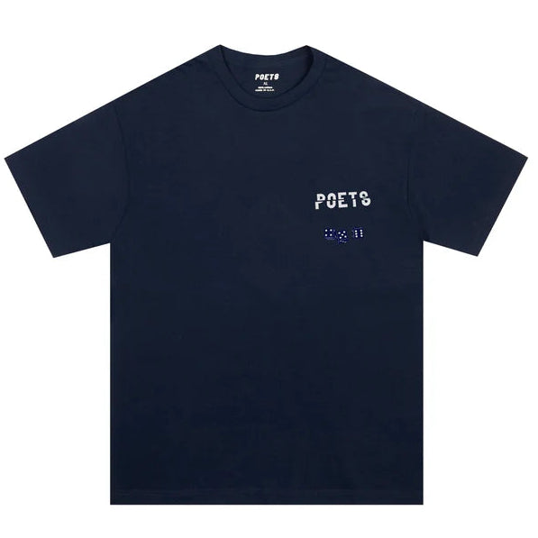 Navy blue t-shirt with 'POETS' branding and cee lo dice