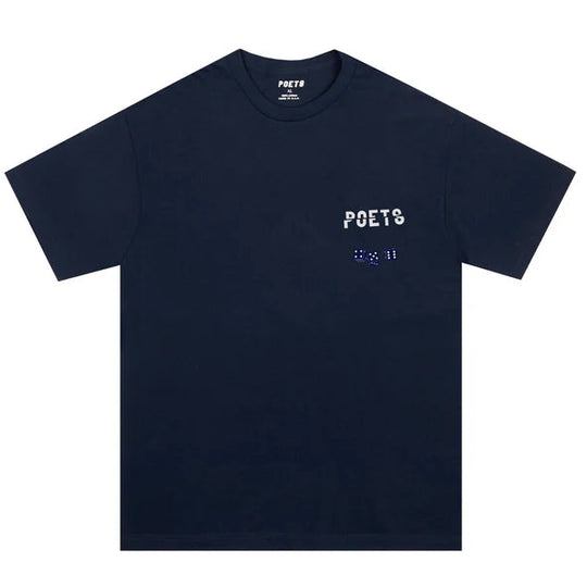 Navy blue t-shirt with 'POETS' branding and cee lo dice