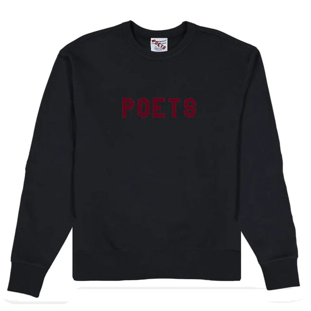Black sweatshirt with 'POETS' text in red 