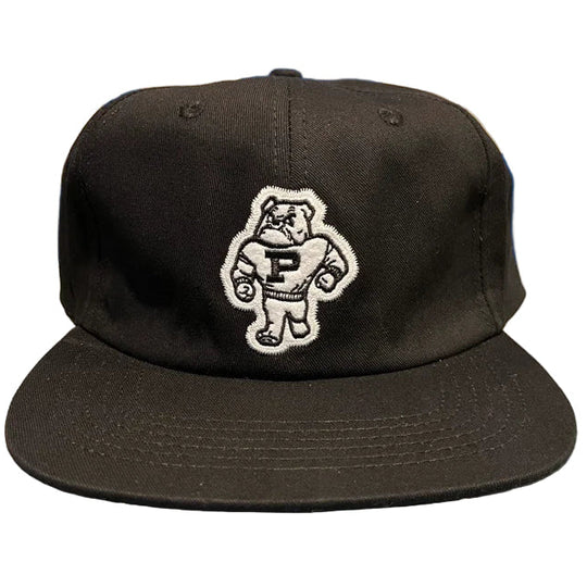 Black cap with a logo on a white background