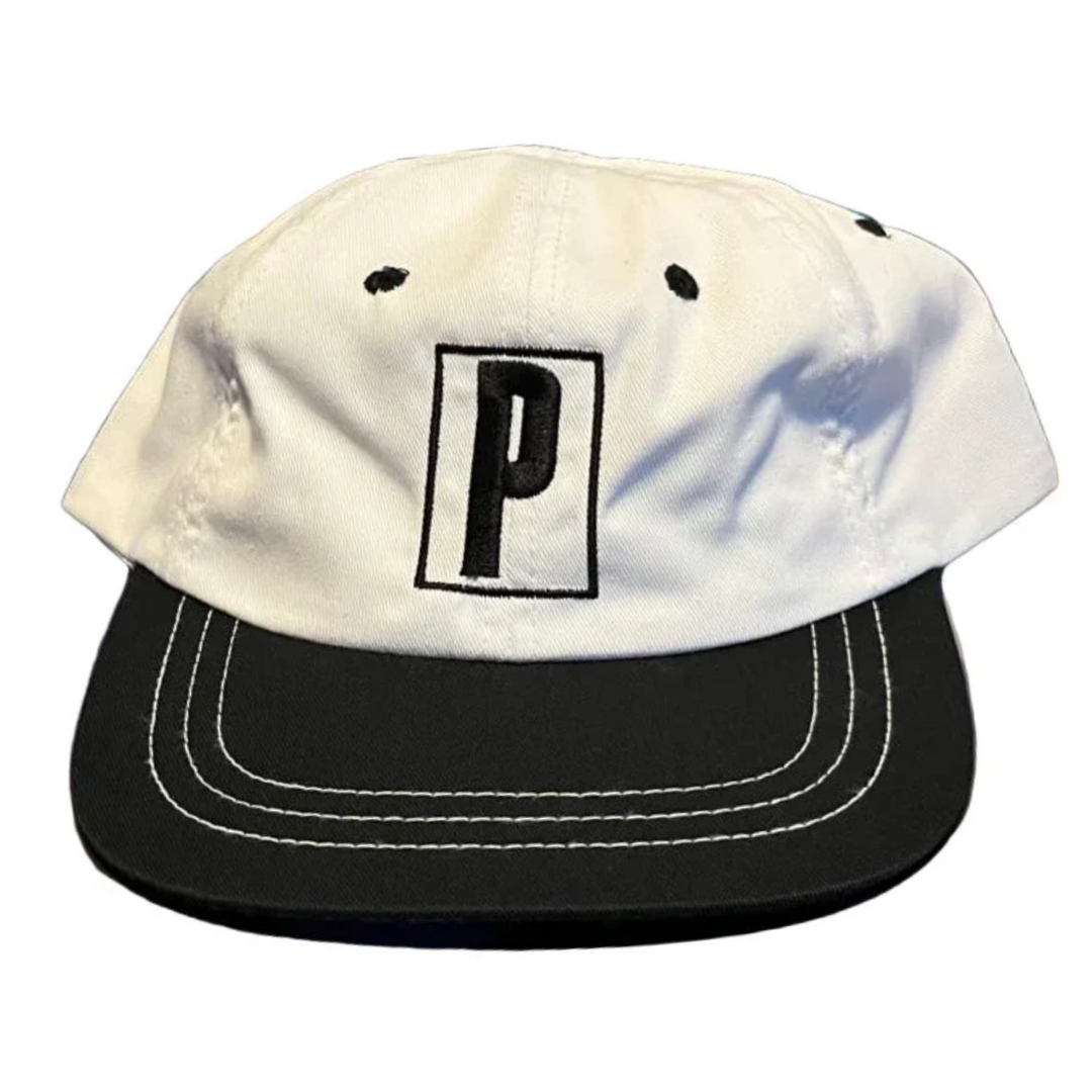 White cap with black brim and a black 'P' logo on a white background