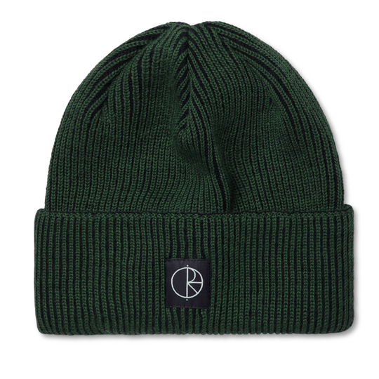 Green beanie with a logo on a white background