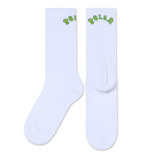 White socks with green text on a white background