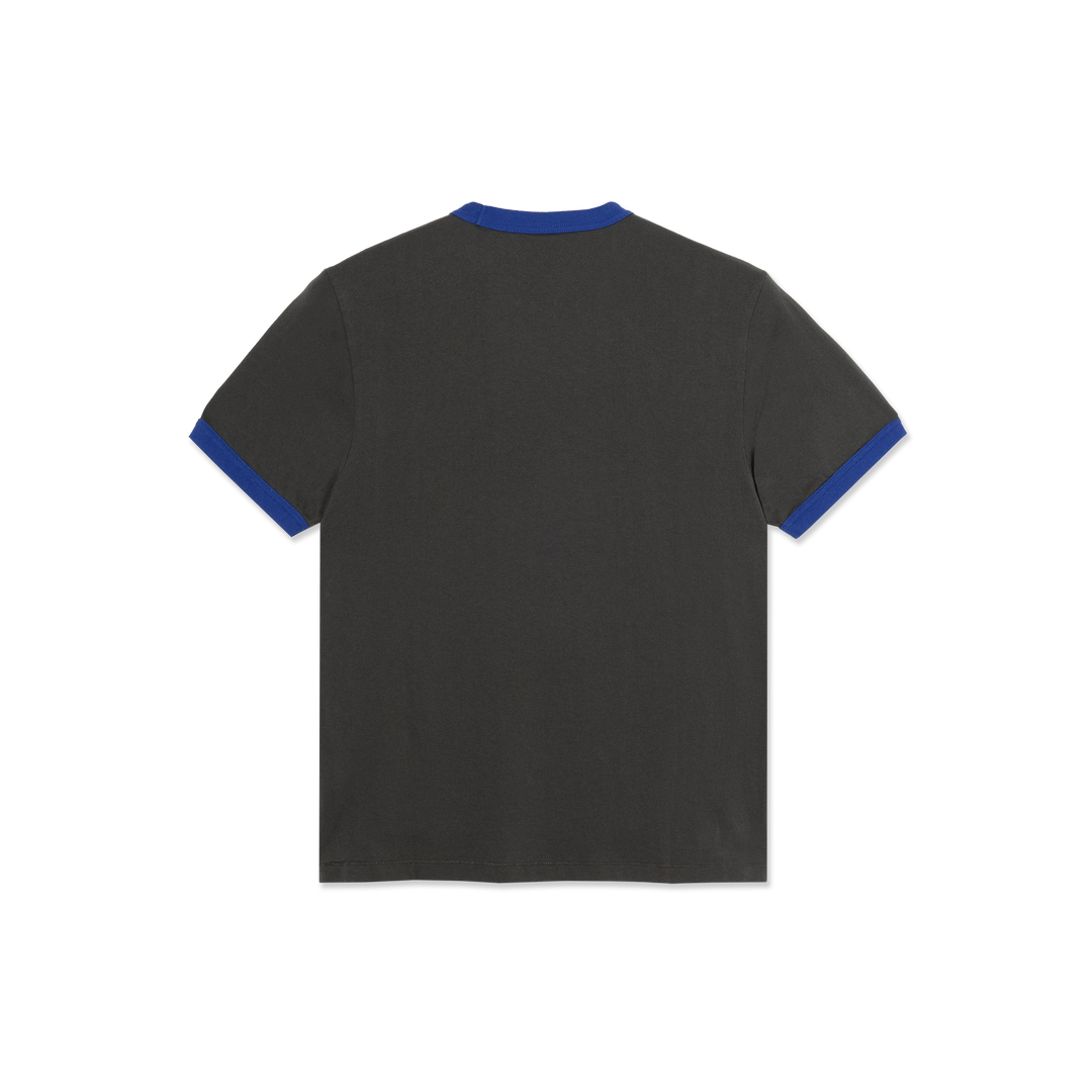 Black t-shirt with blue trim on 