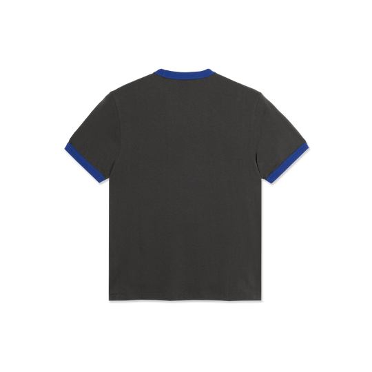 Black t-shirt with blue trim on 