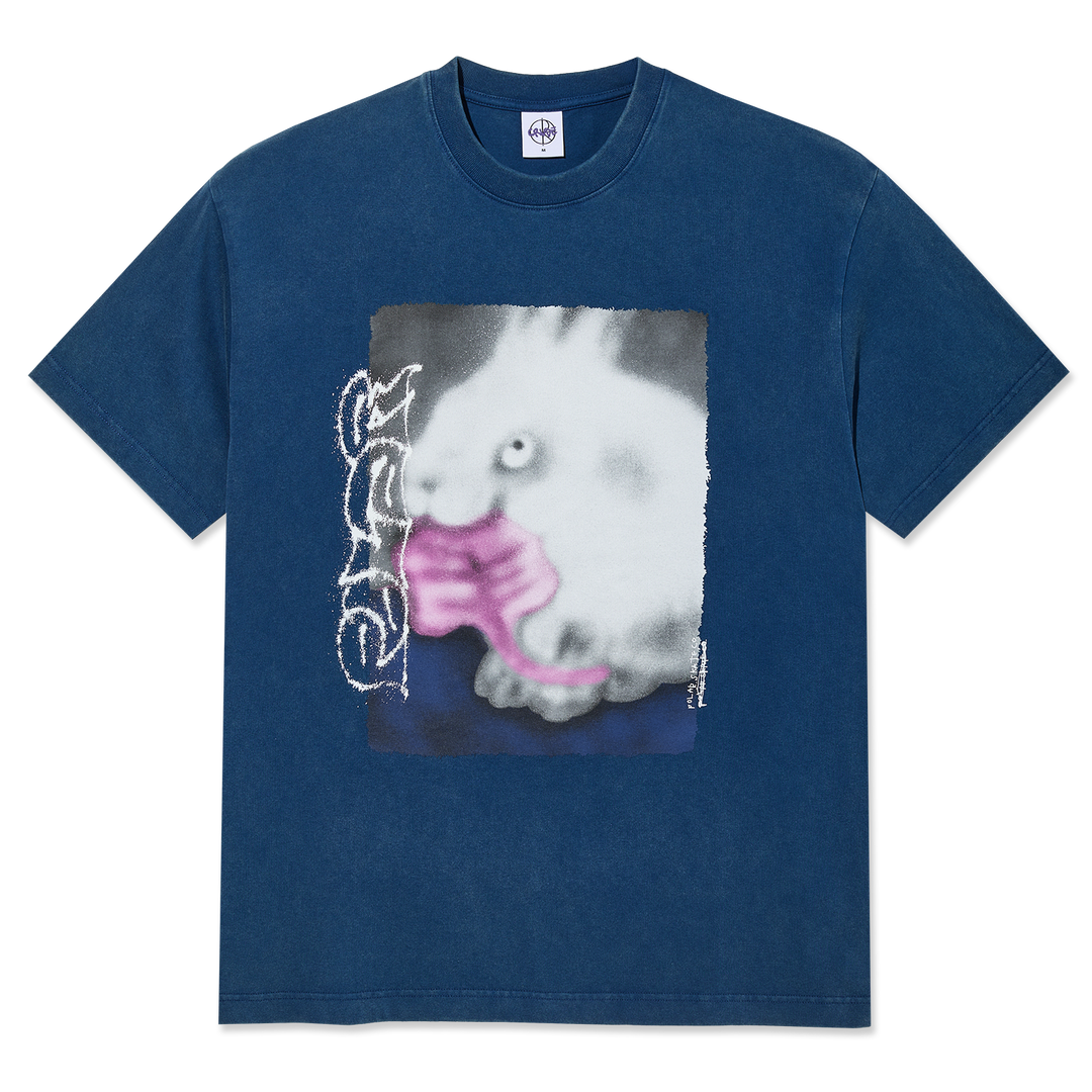Blue t-shirt with a graphic of a cartoon character holding a pink object on a white background