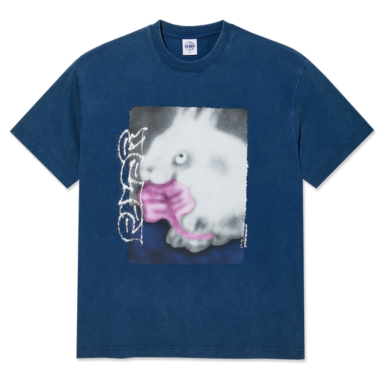 Blue t-shirt with a graphic of a cartoon character holding a pink object on a white background