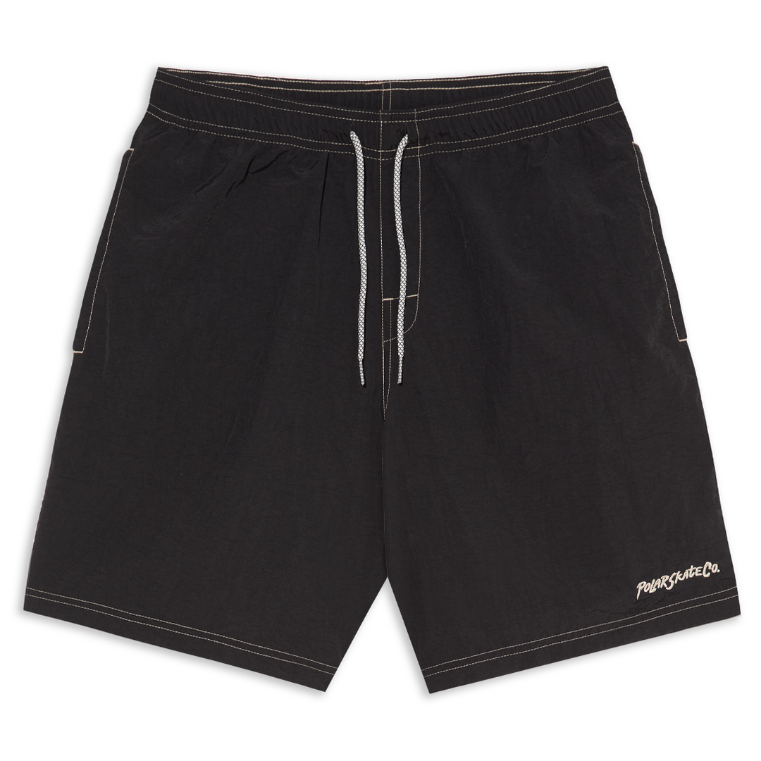 Black shorts with a polar brand logo on a white background