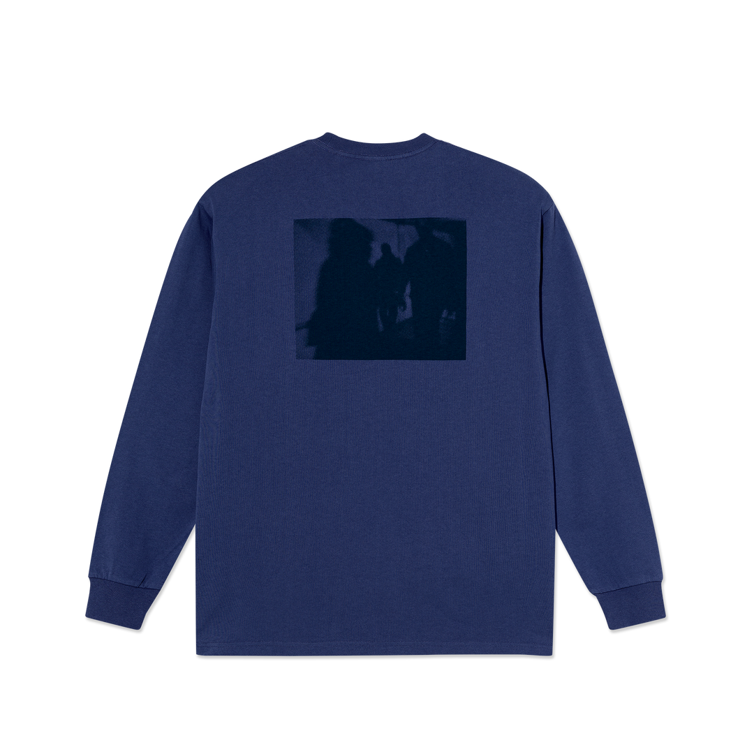 polar Blue long-sleeve shirt with a black silhouette design on the back against a white background