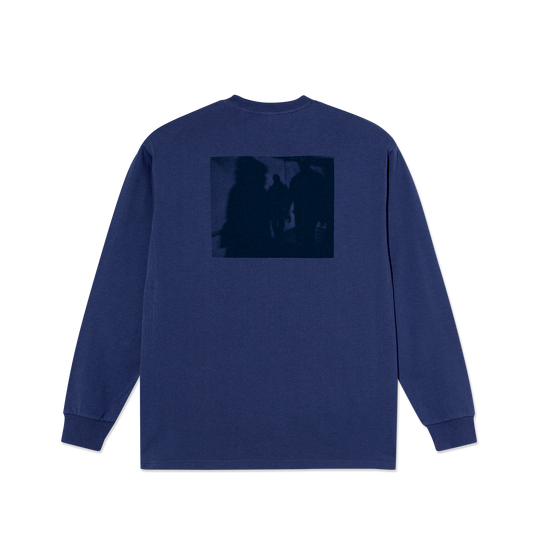 polar Blue long-sleeve shirt with a black silhouette design on the back against a white background