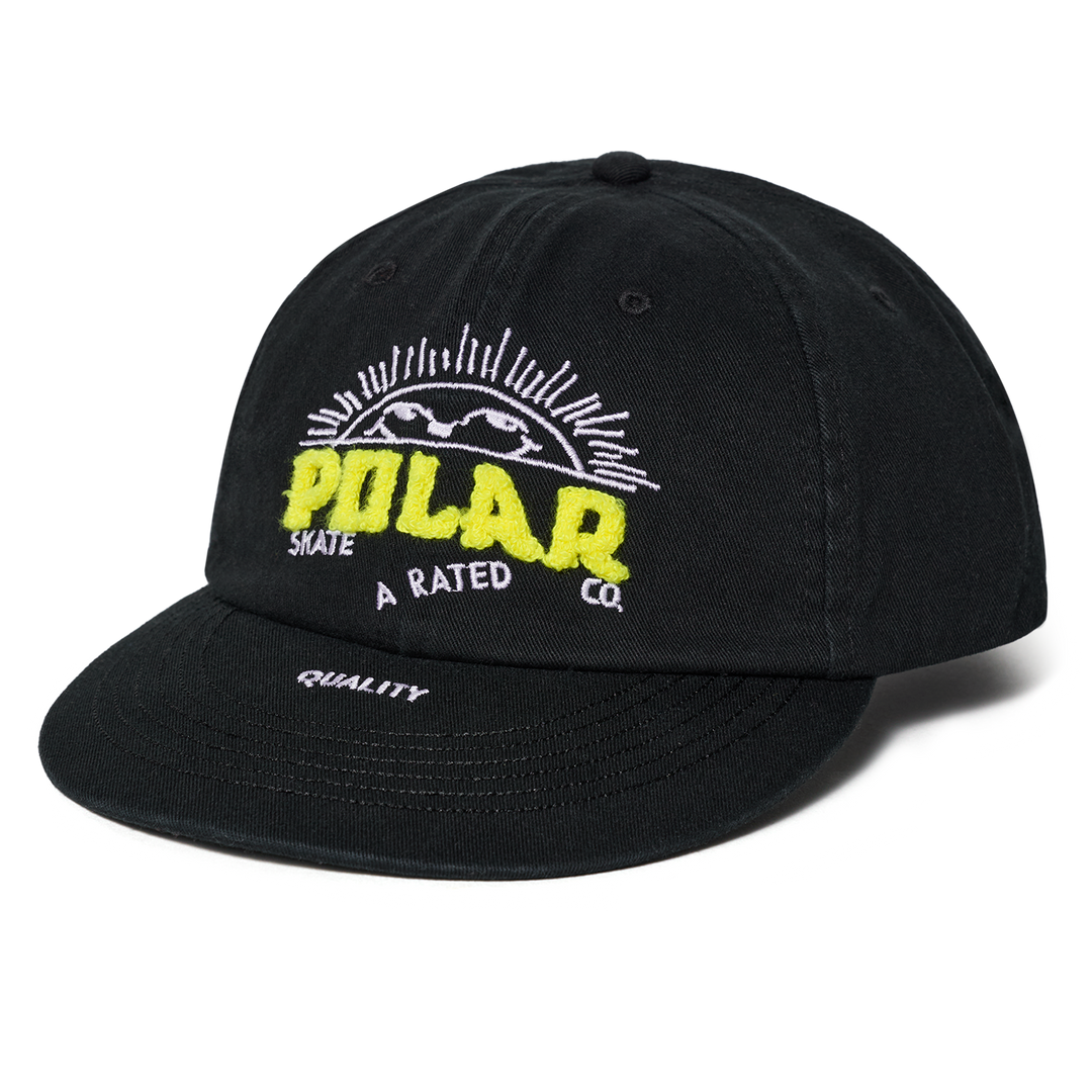 Black cap with yellow and white text on a white background