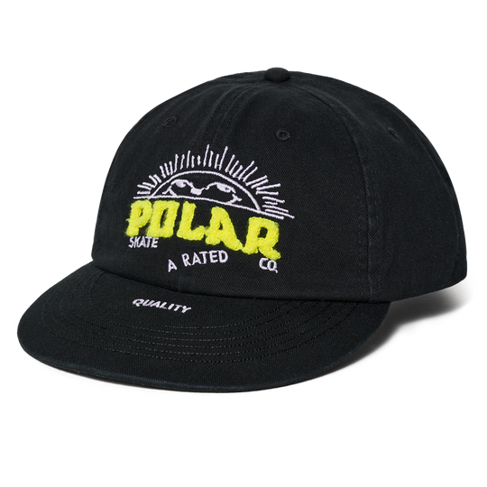 Black cap with yellow and white text on a white background