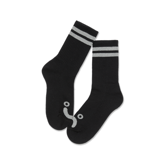 Black socks with gray stripes on a white background