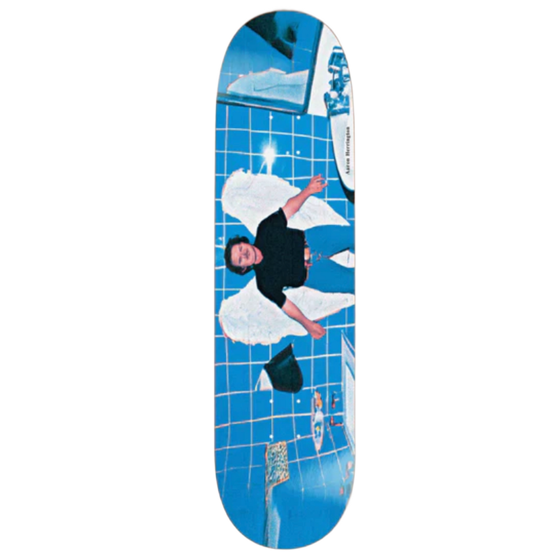 Skateboard deck with a graphic design of a person in a dress and hat on a blue grid background