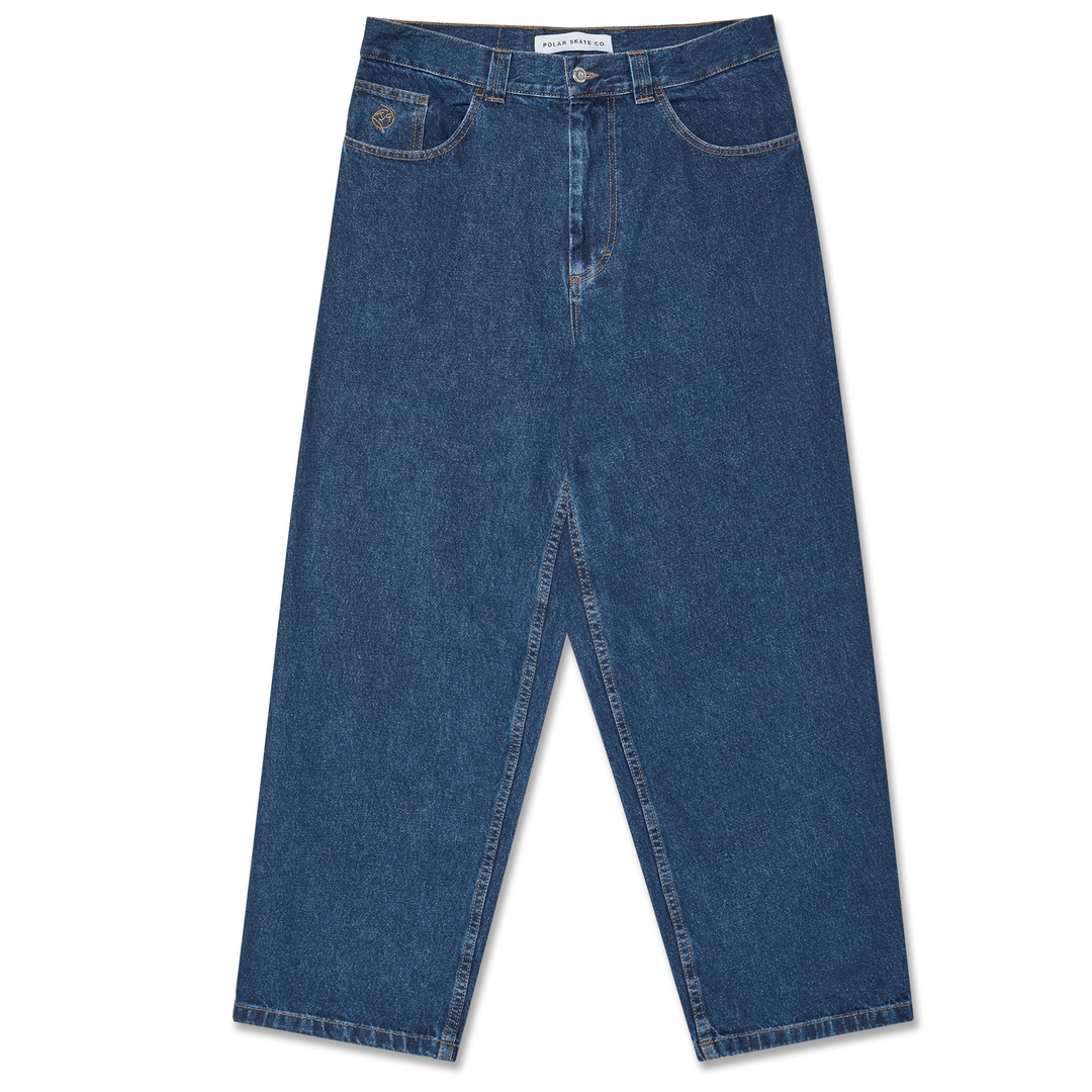 A pair of dark blue denim big boy pants with a button-up front.