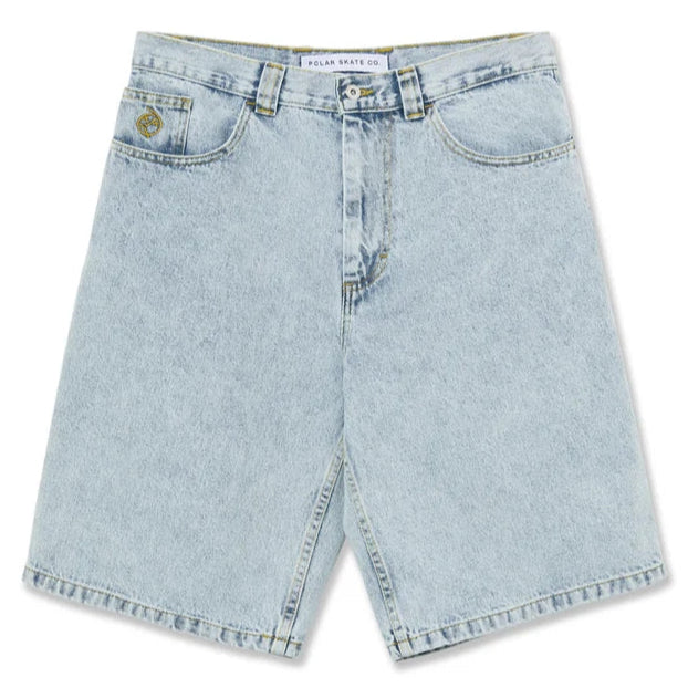 A pair of light blue denim shorts with a mid-waist rise and five-pocket design.