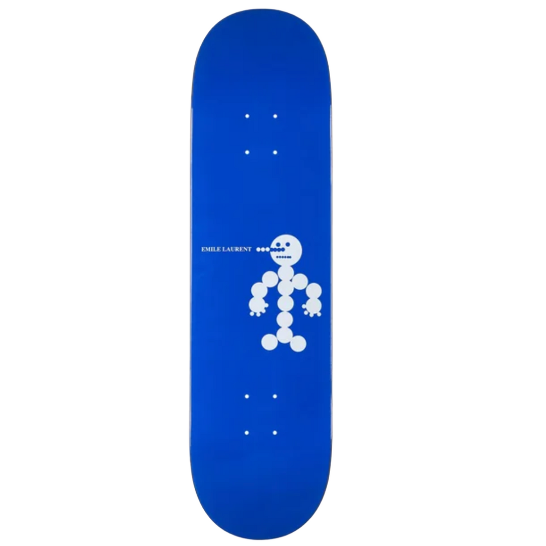 Blue skateboard deck with a white graphic design on a white background