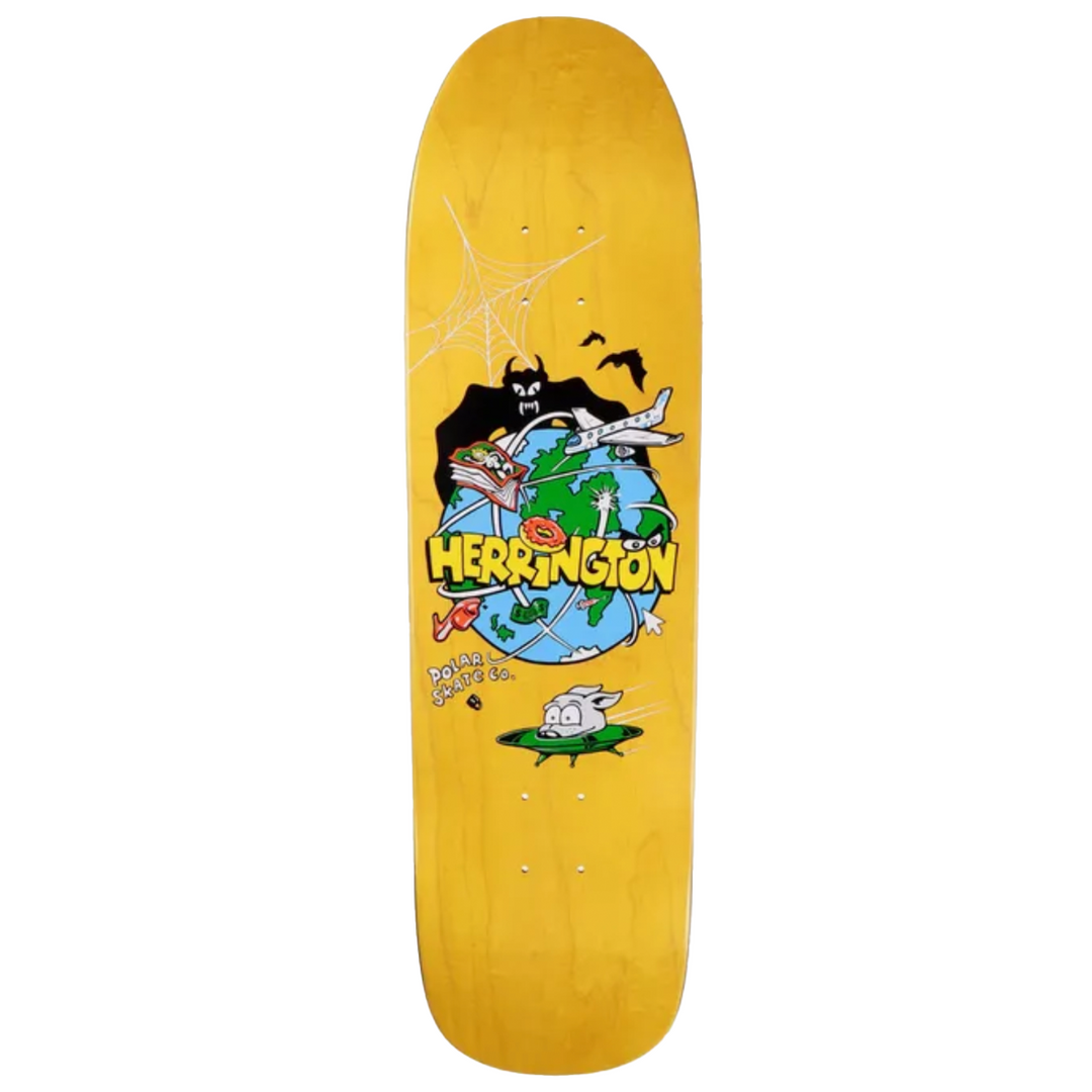 Yellow skateboard deck with cartoon graphics and 'Herrington' branding on a white background