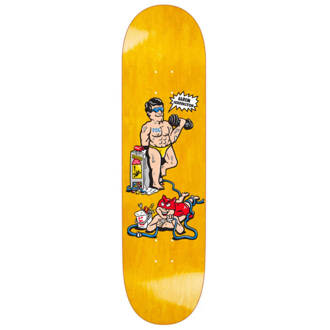 yellow board with cartoon graphics