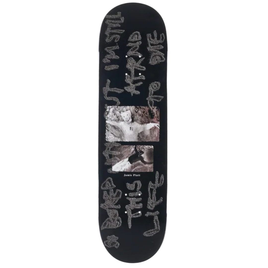Skateboard deck with text and images on a black background
