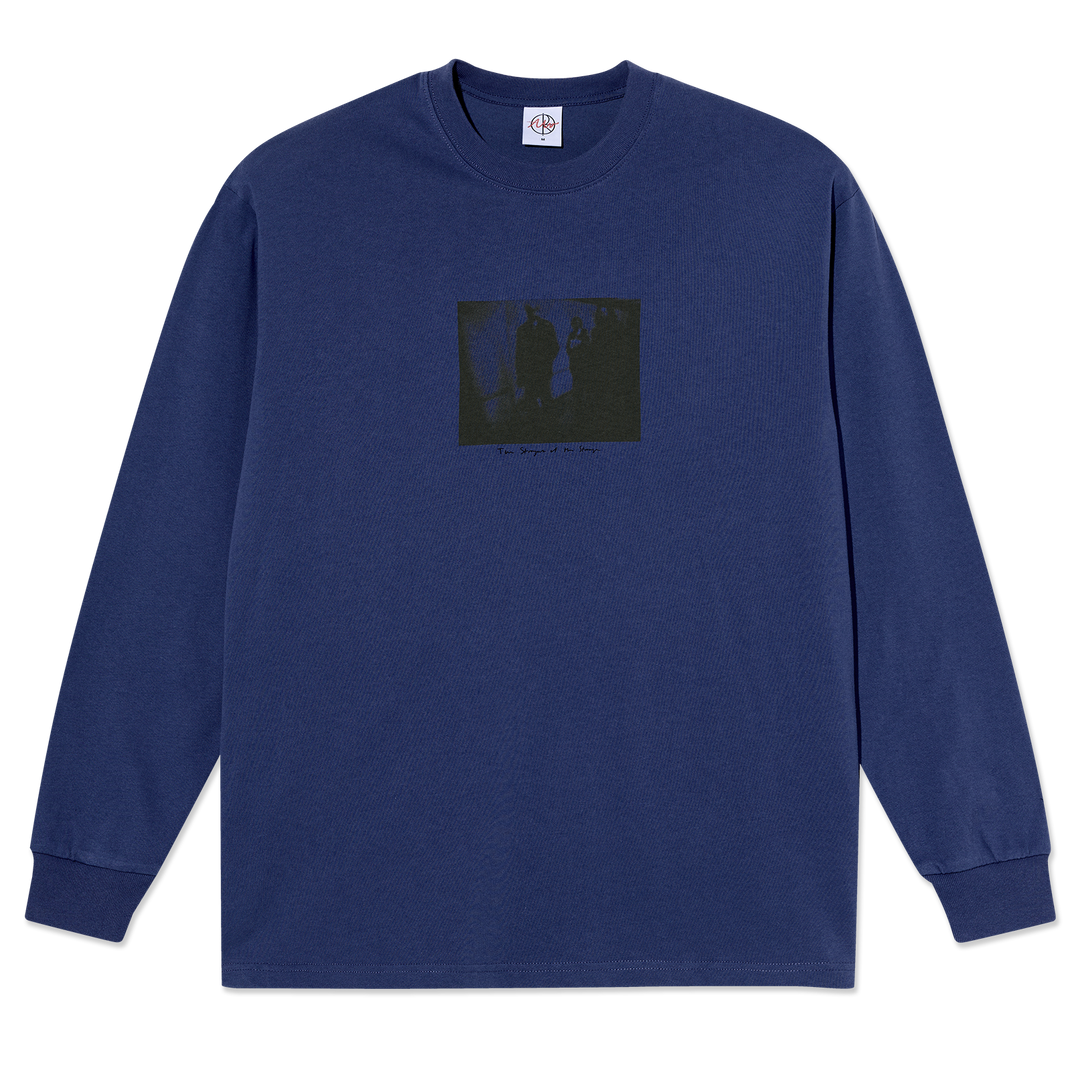 Navy blue long-sleeve shirt with a black graphic on a white background