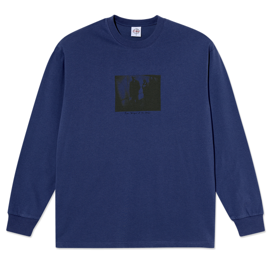 Navy blue long-sleeve shirt with a black graphic on a white background