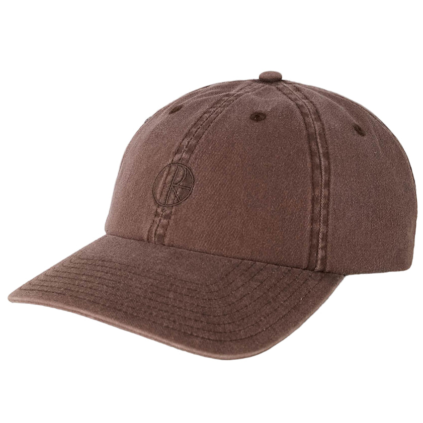 Brown baseball cap with a logo on a light gray background