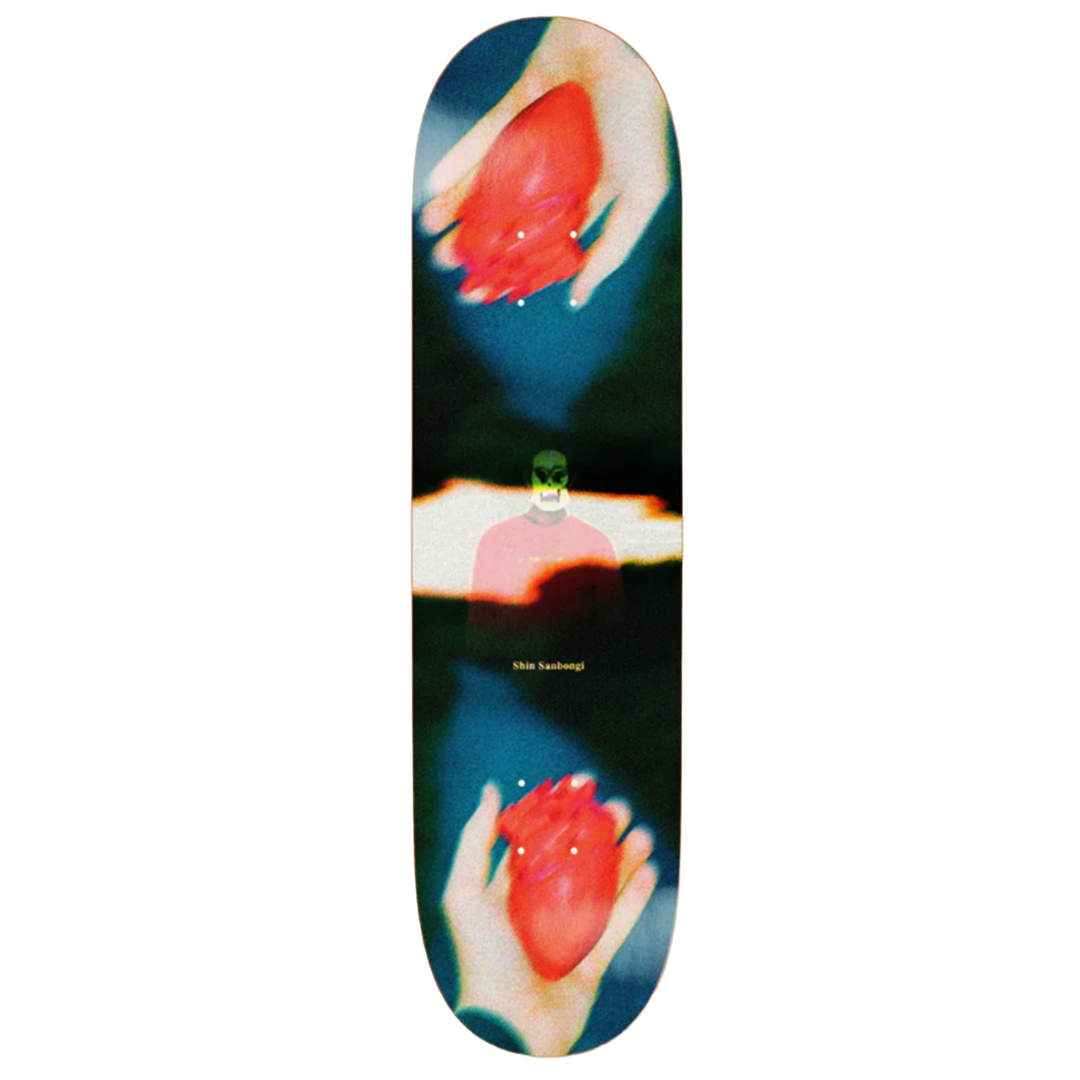 Skateboard deck with artistic design of hands holding red objects on a white background