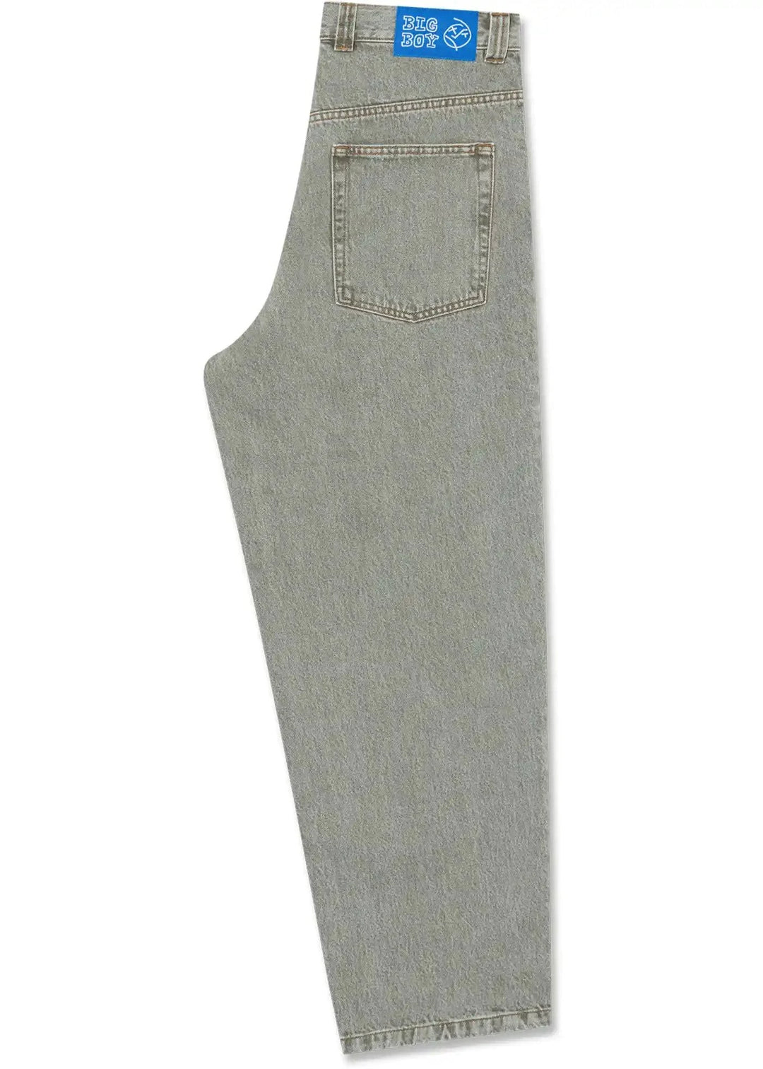 Gray jeans with a big boy brand label side