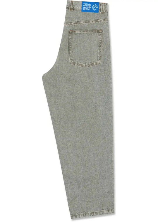 Gray jeans with a big boy brand label side