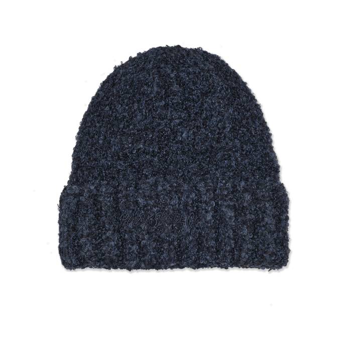 Dark blue textured beanie on a white background