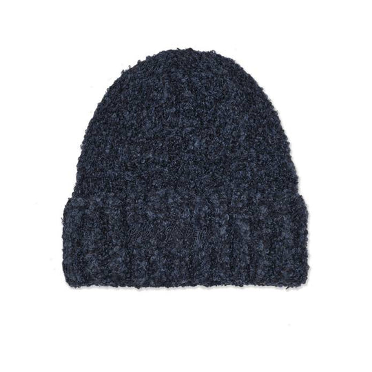 Dark blue textured beanie on a white background