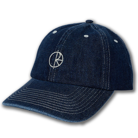 Blue denim cap with a peace symbol on a white background