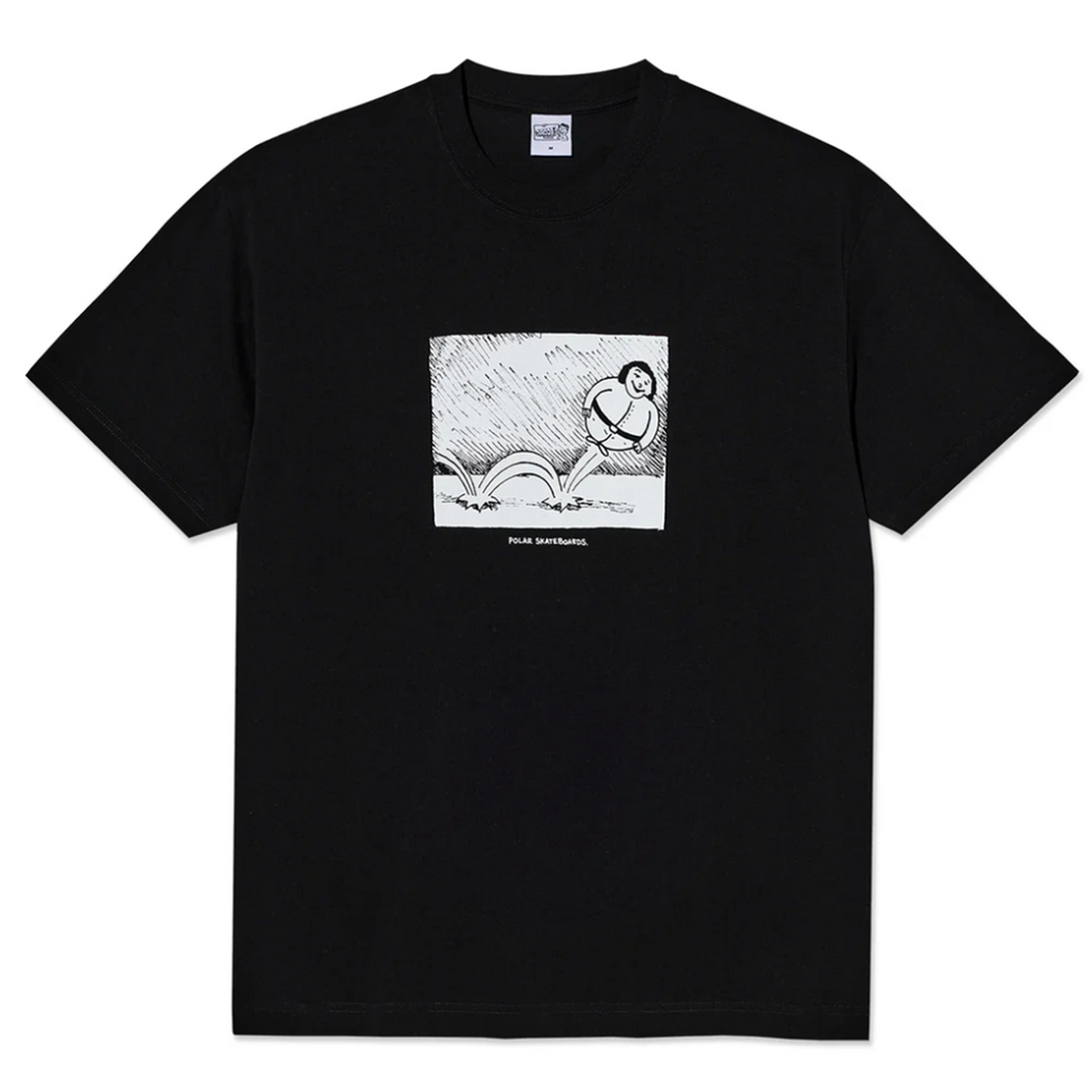 Black t-shirt with a graphic of a person sitting on a rock in the rain on a white background