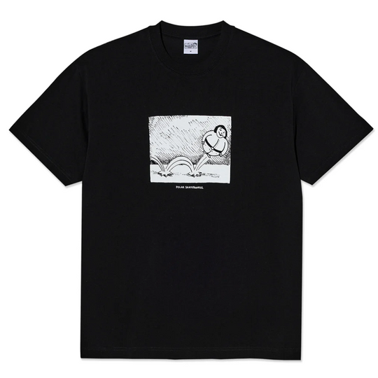 Black t-shirt with a graphic of a person sitting on a rock in the rain on a white background