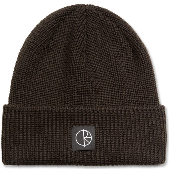 Brown knit beanie with a logo on a white background