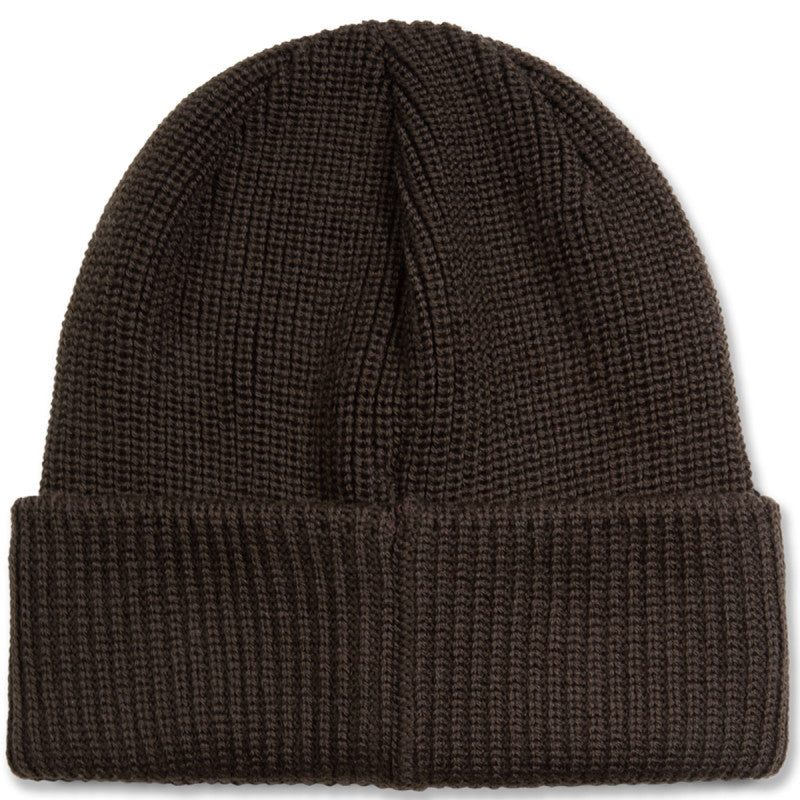 Brown knit beanie on a white background