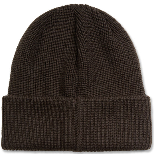 Brown knit beanie on a white background
