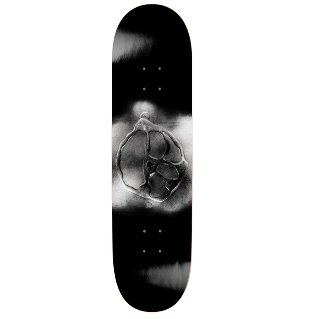Skateboard deck with a black and white design on a white background