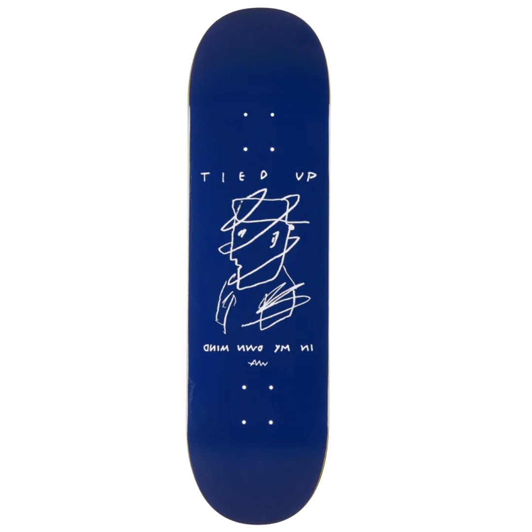 Blue skateboard deck with white graphics and text on a white background