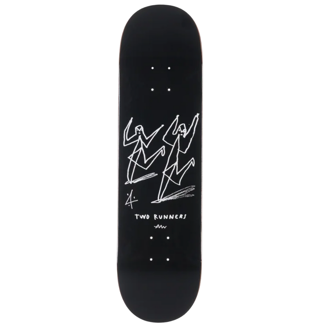 Black skateboard deck with white line art and text on a white background