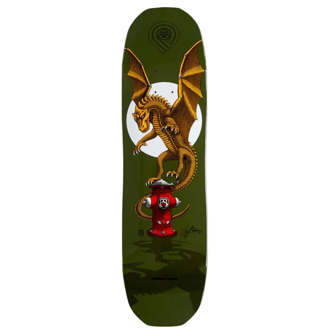 Skateboard deck with a dragon and fire hydrant design on a green background