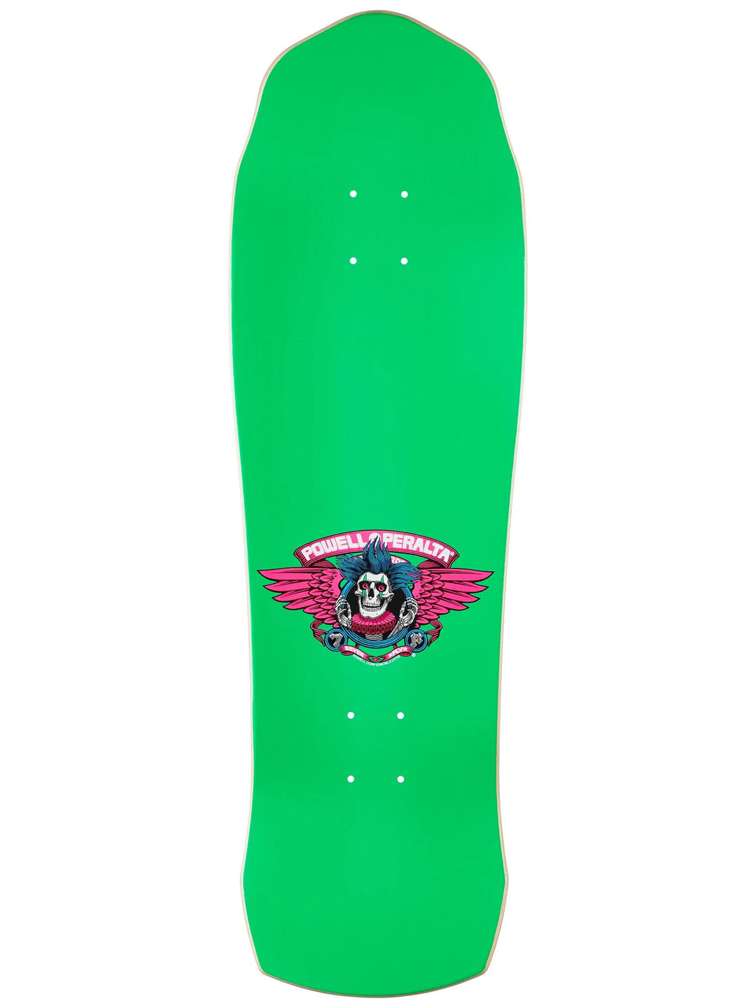 Green skateboard deck with a colorful top graphic design 