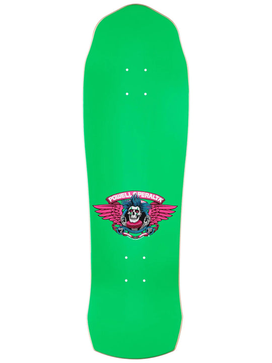 Green skateboard deck with a colorful top graphic design 