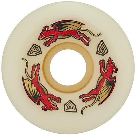 Skateboard wheel with red and black dragon design on a white background