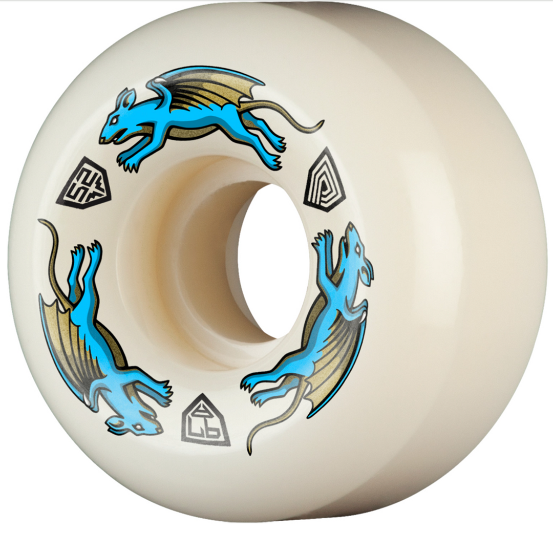 Skateboard wheel with blue dragon design on a white background