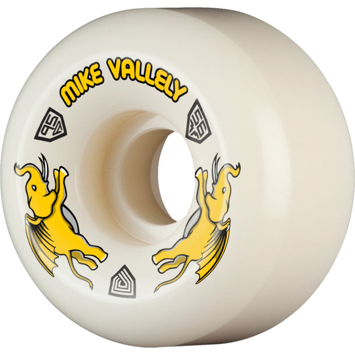 Skateboard wheel with 'Mike Vallely' branding and cartoonish dog graphics on a white background